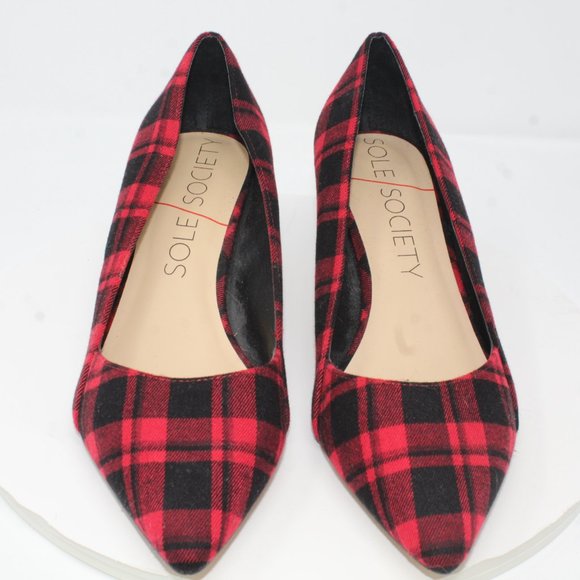 Sole Society Womens Sz 9.5M Desi Red Black Buffalo Plaid Slip On Kitten Heels - Picture 2 of 9